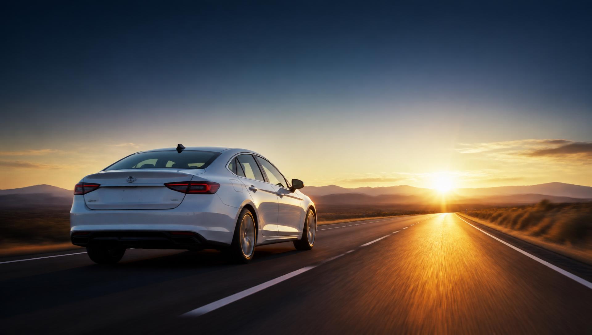 Car driving on open highway at sunrise